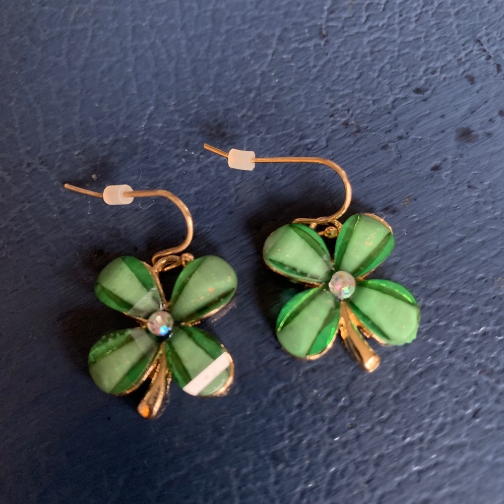 Gold and green four leaf clover earrings